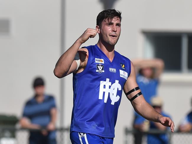 Todd Elton of Hastings reacts during the MPNFL Div 2 match in Hastings, Melbourne, Saturday, April 20, 2019. MPNFL Div 2 v Devon Meadows V Hastings. (AAP Image/James Ross) NO ARCHIVING