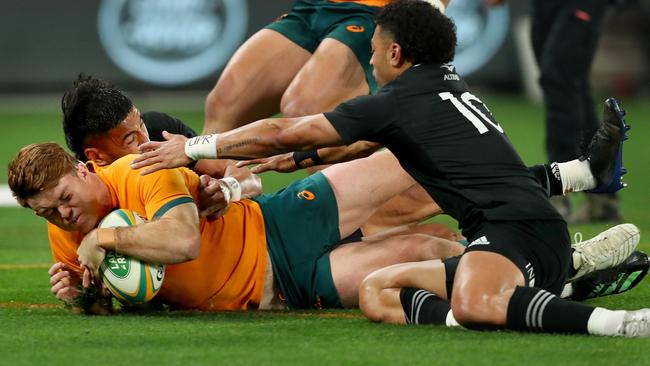 Wallabies fullback Andrew Kellaway is held up over the tryline. Picture: Getty Images