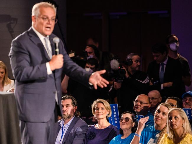 Prime Minister Scott Morrison chose Katherine Deves (centre), pictured at a campaign rally at Sydney Olympic Park on Sunday, as the Liberal candidate for Warringah. Picture: News Corp