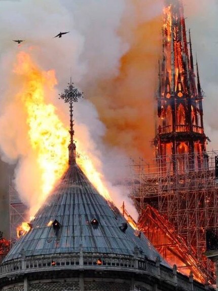 The roof and spire are engulfed in flames. Picture: Twitter.