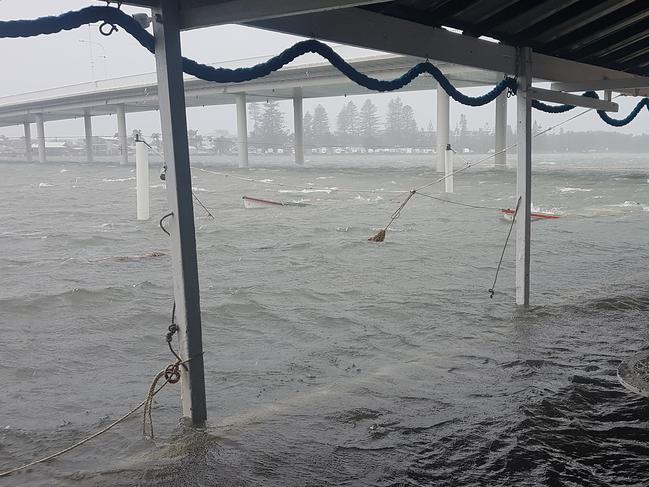 The Entrance Boat Shed during yesterday's torrential rain and flash flooding. Picture: Facebook