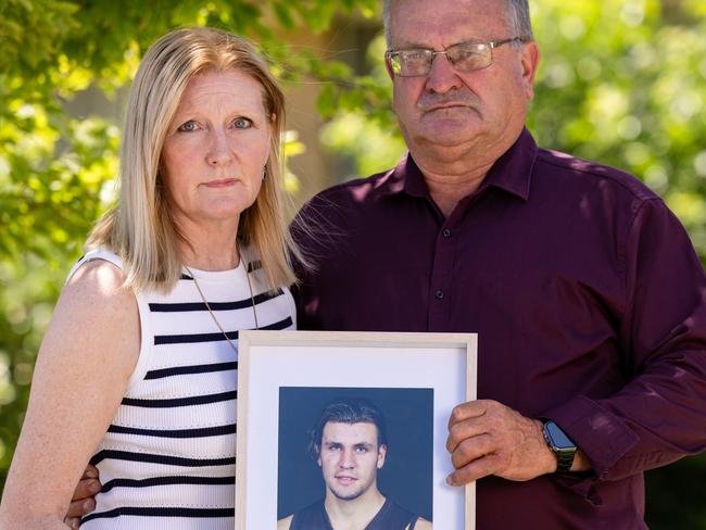 Paul and Lyn Callinan in Gladstone Park are speaking out after their 21-year-old son, Steven, took his own life following a drug and alcohol bender post a footy game in Torquay. Picture: Jason Edwards