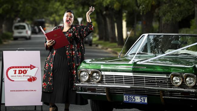 Wedding celebrant Lauren Khabbaz has brought drive through weddings to Adelaide. Picture SARAH REED