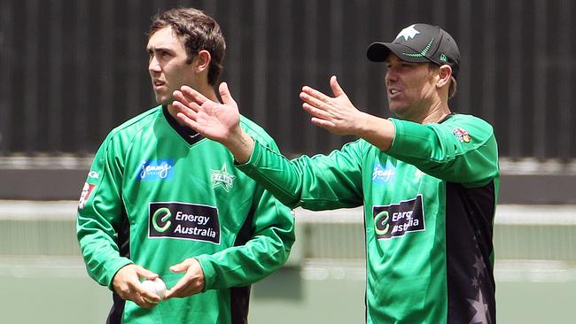 Teammates: A young Glenn Maxwell takes advice from then Melbourne Stars teammate Glenn Maxwell.