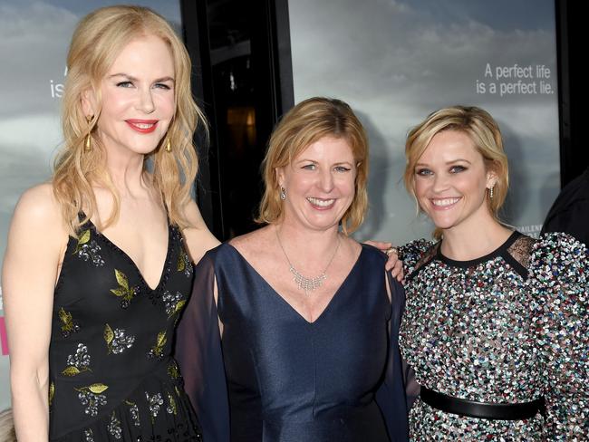 Book queens … Reese Witherspoon with Nicole Kidman and Aussie author Liane Moriarty. The actresses brought to life Moriarty’s bestseller Big Little Lies into a massively successful show on Foxtel/Binge.