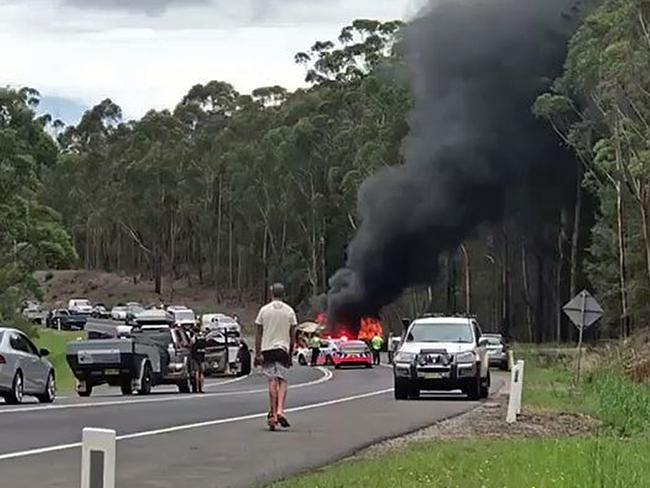 The scene of the devastating crash which claimed the lives of Jessica Falkholt’s parents and sister. Picture: Seven News