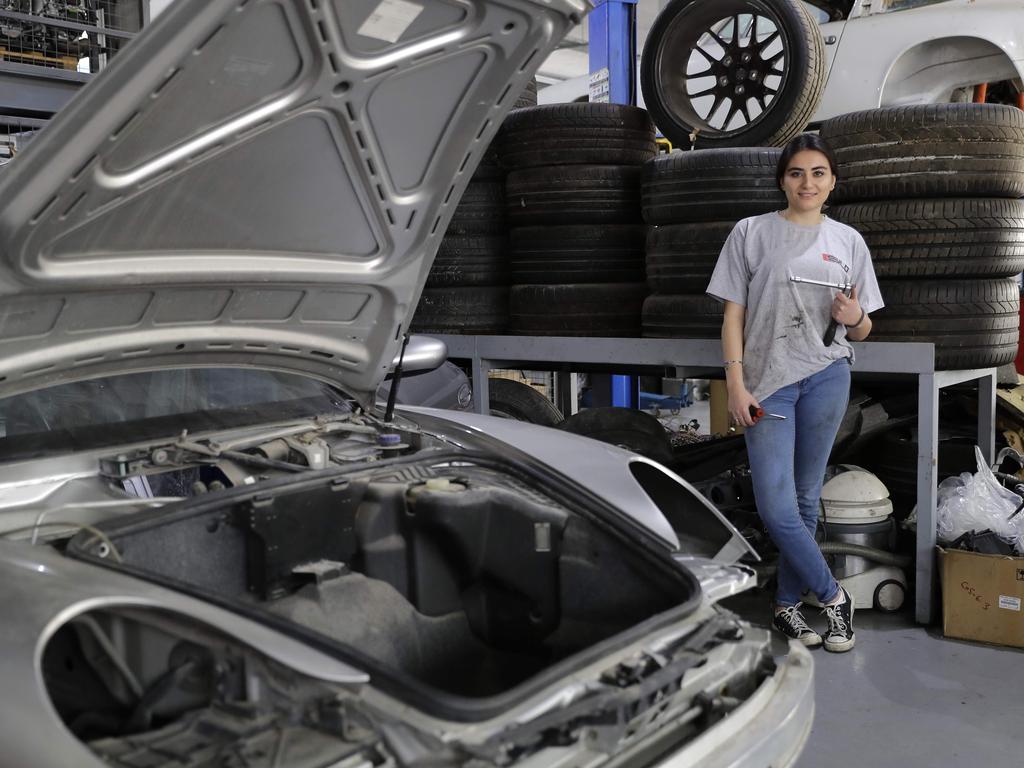 Lebanese mechanic Rana el-Hayek, 22, in a car repair garage where she works in Qannabat Brummana, northeast of Beirut, Lebanon on March 3, 2018. Picture: AFP