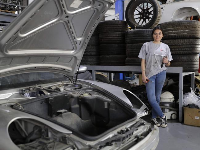 Lebanese mechanic Rana el-Hayek, 22, in a car repair garage where she works in Qannabat Brummana, northeast of Beirut, Lebanon on March 3, 2018. Picture: AFP