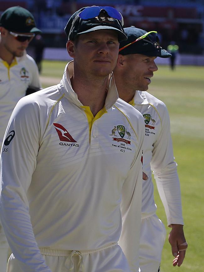 David Warner (R) and Steve Smith in South Africa just before the scandal broke.