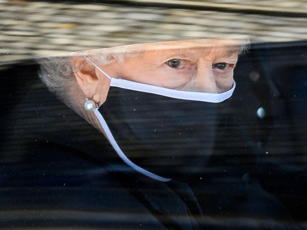 Queen Elizabeth II travels in the State Bentley during the ceremonial funeral procession of Britain's Prince Philip, Duke of Edinburgh. Picture: AFP