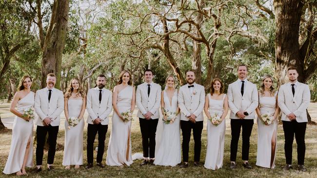 The couple’s page boys were dressed as ring security. They both had ear pieces, a brief case, and a badge saying ring security. Picture: Eliza Tate and Lachy Henry