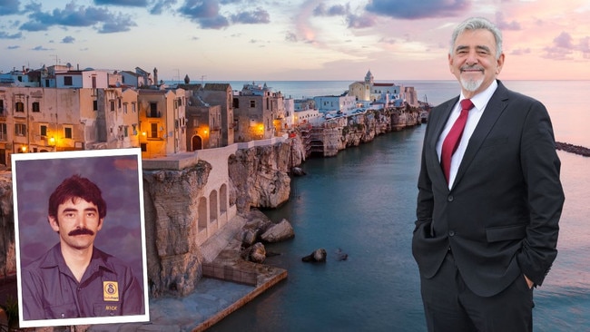 Nick DiMauro, as a young man and now, against the backdrop of his home town in Italy.