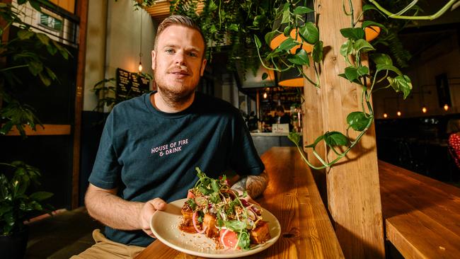 Stewart Wesson with one of his dishes at Whistle and Flute on Greenhill Rd, Unley. Picture: AAP/Morgan Sette