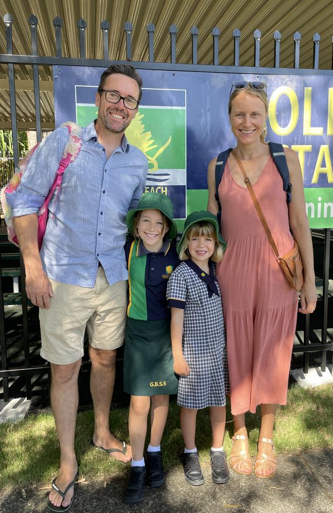 Jimmy, Lucy, Elise, and Melita on Elise's first day of school at Golden Beach State School. Picture: Iwan Jones