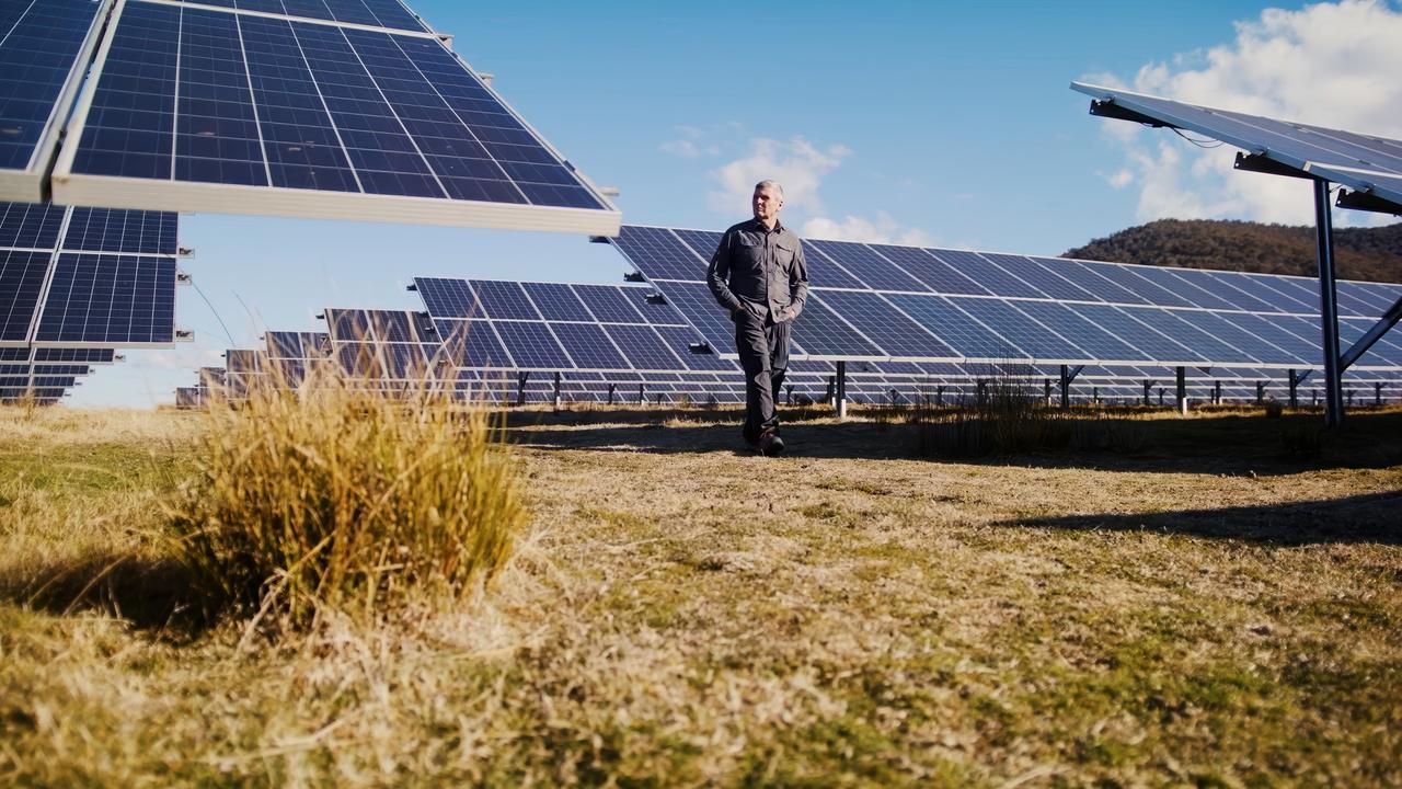 Chris Uhlmann at a massive rural solar farm, which can produce a lot of power but is not reliable and therefore must be backed up by other energy sources.