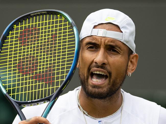 LONDON, ENGLAND - JULY 06: Nick Kyrgios of Australia in action during the Mens Singles Quarter-Final against Cristian Garin of Chile (not pictured) at The Wimbledon Lawn Tennis Championship at the All England Lawn and Tennis Club at Wimbledon on July 6th, 2022 in London, England. (Photo by Simon Bruty/Anychance/Getty Images)