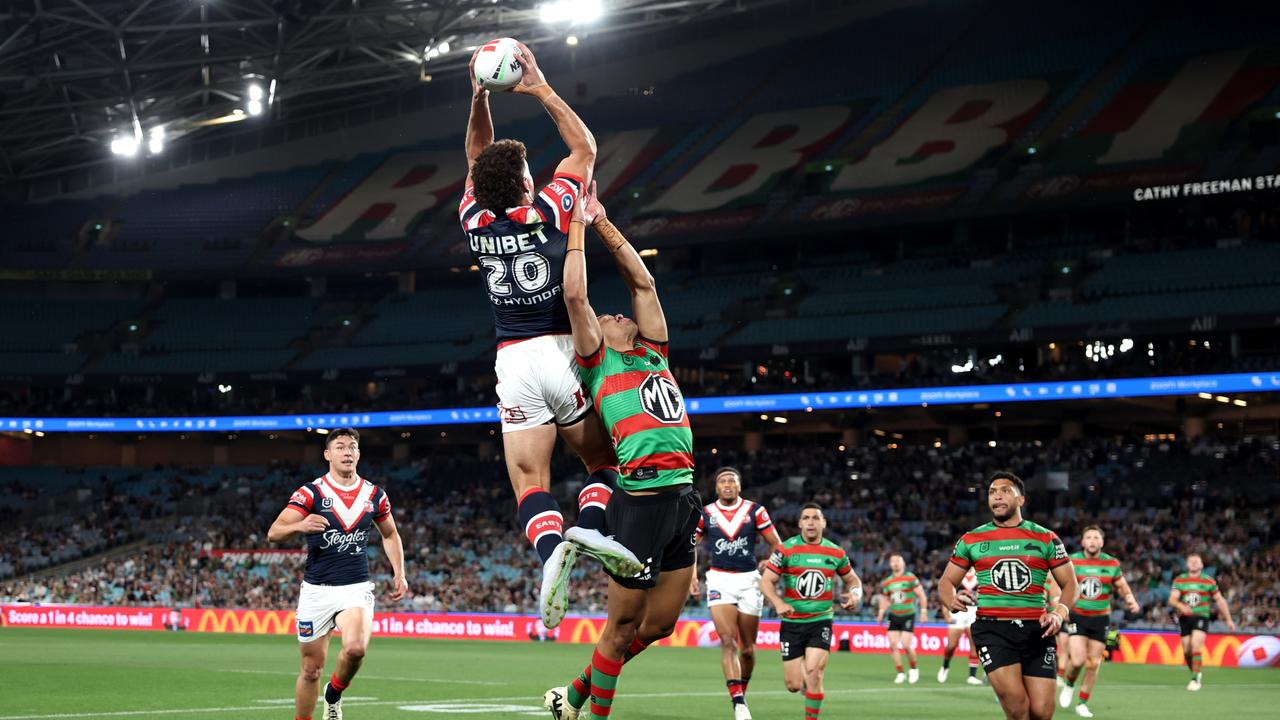 It took Mark Nawaqanitawase just six minutes to score his first NRL try with a stunning grab against Souths. Picture: Matt King/Getty Images