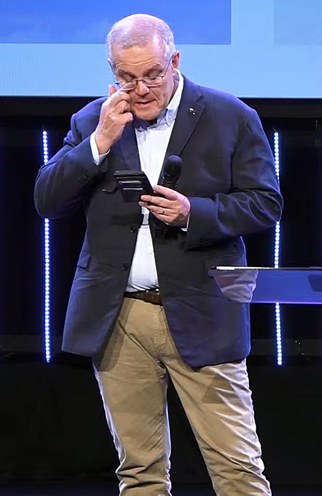 Scott Morrison tears up while addressing Horizon Church after his election defeat on Sunday. Picture: YouTube/Horizon Church