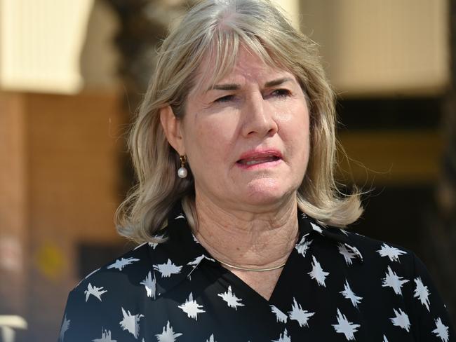 FEES APPLY. 5 April 2024. Chief Territory Minister Eva Lawler addresses media at Alice Springs Police station. Photo: Grenville Turner / Supplied