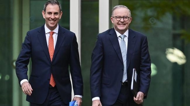 Prime Minister Anthony Albanese and Treasurer Jim Chalmers arrive for media interviews at Parliament House in Canberra. Picture: Martin Ollman