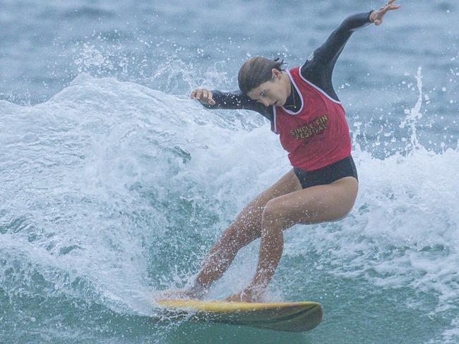 Early Saturday heats of The Burleigh Heads Boardriders Single Fin Festival. Picture: Glenn Campbell
