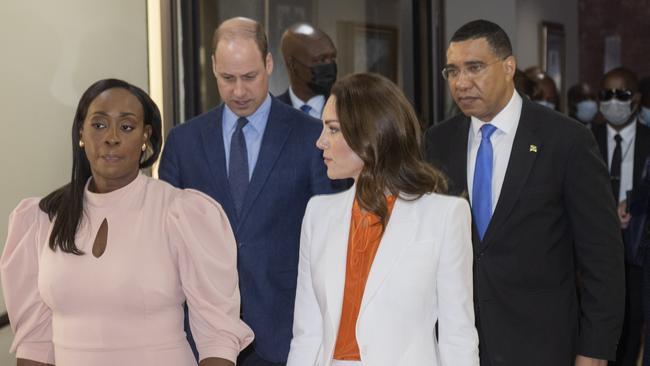 Prince William, Duke of Cambridge and Catherine, Duchess of Cambridge meet with Prime Minister of Jamaica, Andrew Holness and his wife Julie. Picture: Jane Barlow/Getty Images