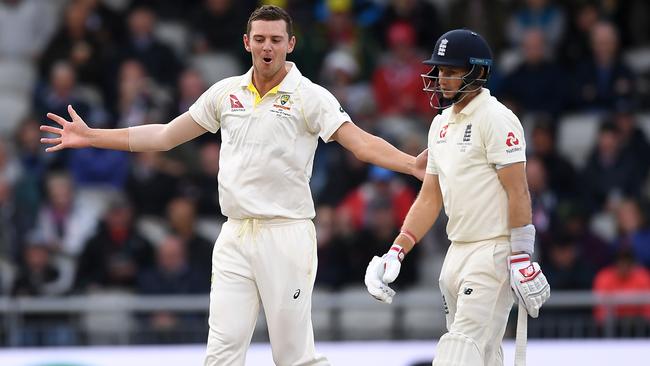 A delighted Josh Hazlewood after having Joe Root out lbw. Picture: Getty Images