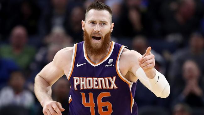 SAN FRANCISCO, CALIFORNIA - OCTOBER 30: Aron Baynes #46 of the Phoenix Suns reacts after making a basket against the Golden State Warriors at Chase Center on October 30, 2019 in San Francisco, California. NOTE TO USER: User expressly acknowledges and agrees that, by downloading and or using this photograph, User is consenting to the terms and conditions of the Getty Images License Agreement. (Photo by Ezra Shaw/Getty Images)