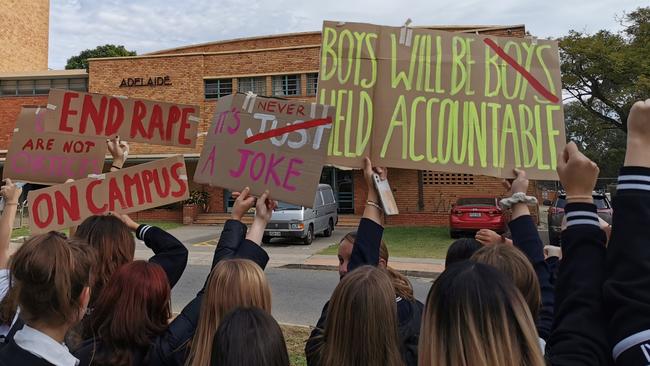 Adelaide High School students on June 1 walked out of calls protesting against sexual harassment in their school. Picture: Rebecca DiGirolamo