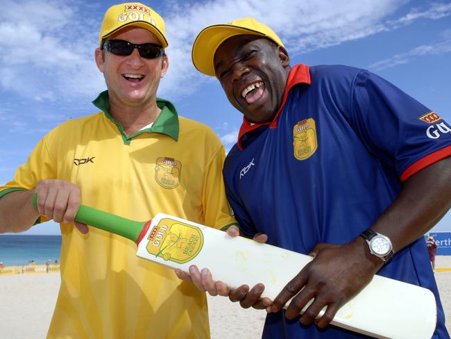 Australia's Mark Waugh and England's Gladstone Small at Scarbourgh Beach Amphitheatre.