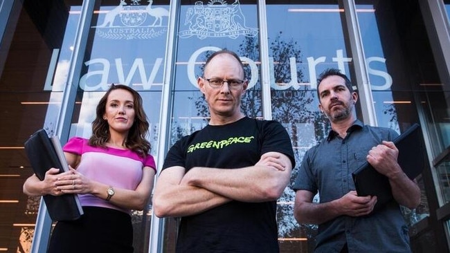 AGL is suing Greenpeace over the use of the energy giant’s logo in a campaign labelling them Australia’s biggest corporate climate polluter. Pictured are Greenpeace Australia Pacific general counsel Katrina Bullock, chief executive officer David Ritter and senior campaigner Glenn Walker.