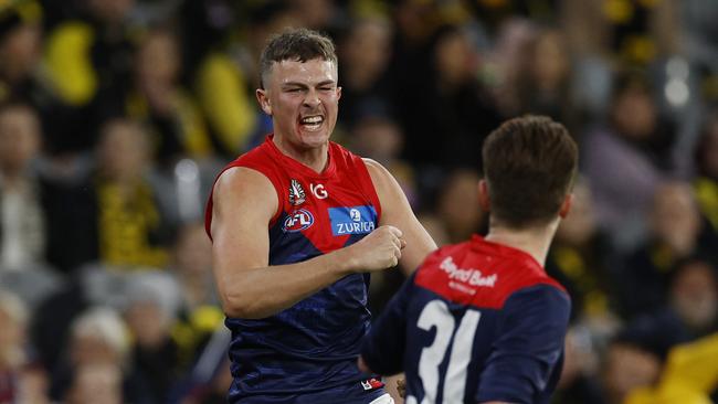 MELBOURNE , AUSTRALIA. April 24, 2024.  AFL.. Anzac Eve.  Richmond vs Melbourne at the the MCG.   Daniel Turner of the Demons celebrates a 2nd quarter goal   . Pic: Michael Klein