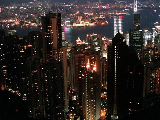 Aerial view of Hong Kong at night. sky skyline /Hong/Kong