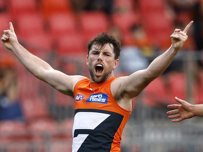 Giants Brent Daniels celebrates kicking a goal  during the AFL Round 23 match between the GWS Giants and Fremantle Dockers at Engie Stadium on August 17, 2024. Photo by Phil Hillyard(Image Supplied for Editorial Use only - **NO ON SALES** - Â©Phil Hillyard )