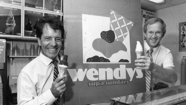 Wendy’s founders Phil Rogers and Geoff Davis behind the counter in their milk bar in the City Cross Arcade, in March 1986.