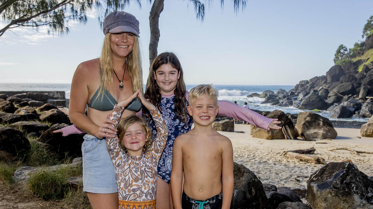 Faces of the Gold Coast. Chantelle lackey , Willow 10, Archie 6, Lilly 5 at Snapper Rocks. Picture: Jerad Williams