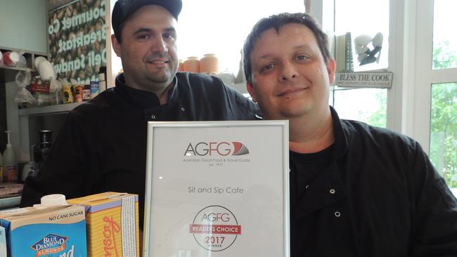 Sit and Sip Cafe's Antonio Correia and Nathan Bone with their Australian Good Food Guide 2017 Readers Choice Award for best Sydney cafe.