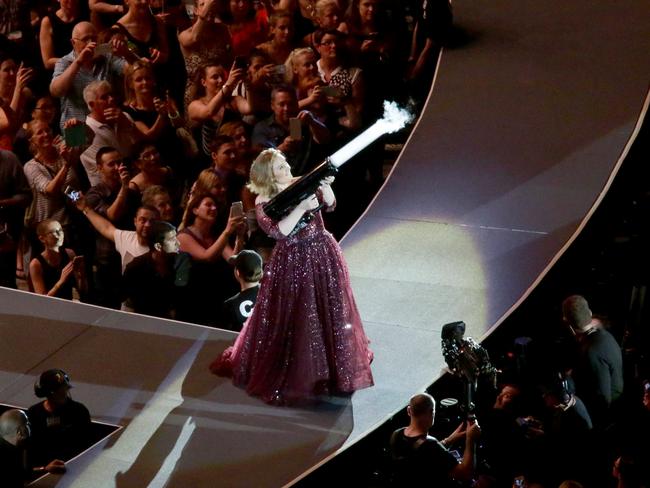 Adele uses a cannon to fire out gifts to the lucky Brisbane audience. Picture: Glenn Hunt/Getty Images