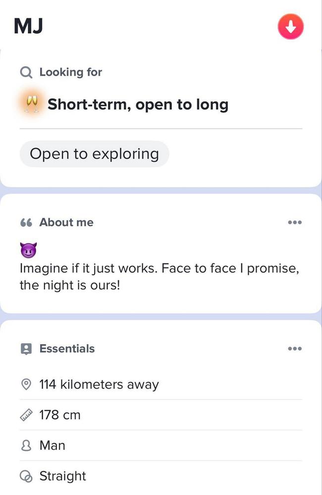 The Tinder profile allegedly belonging to Michael Slater. Picture: Tinder