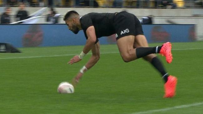 Rieko Ioane drops the ball over the line.