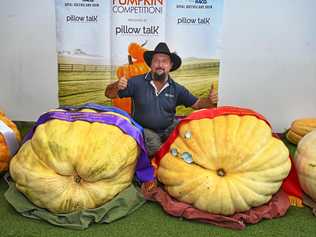 GIANT PUMPKIN: Minden grower Tony Frohloff with his first and second place winning pumpkins that took out the RNA Giant Pumpkin Competition. Picture: Rommel Carlos