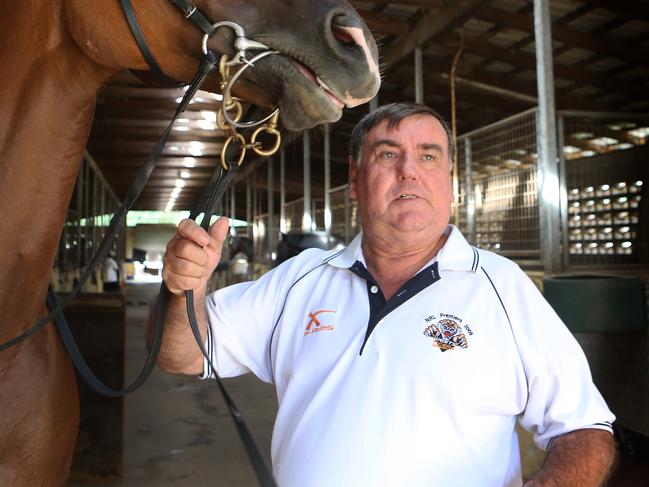 news.Qld 19.3.13 Trainer Mick Mair with Benji Bullet at Corbould Park Race course, Caloundra Pic Glenn Barnes