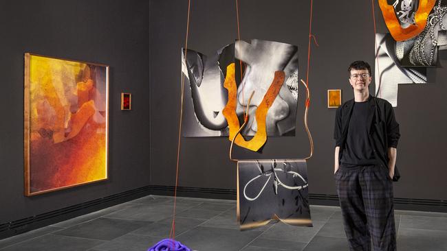 Artist Jack Ball with the Ramsay Art Prize-winning work Heavy Grit. Picture: Saul Steed