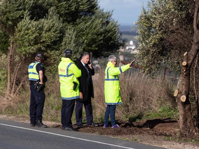 Bones found on the side of Paris Creek Road Strathalbyn. Police inspect the site under an olive tree. 10th June 2023. Picture Brett Hartwig