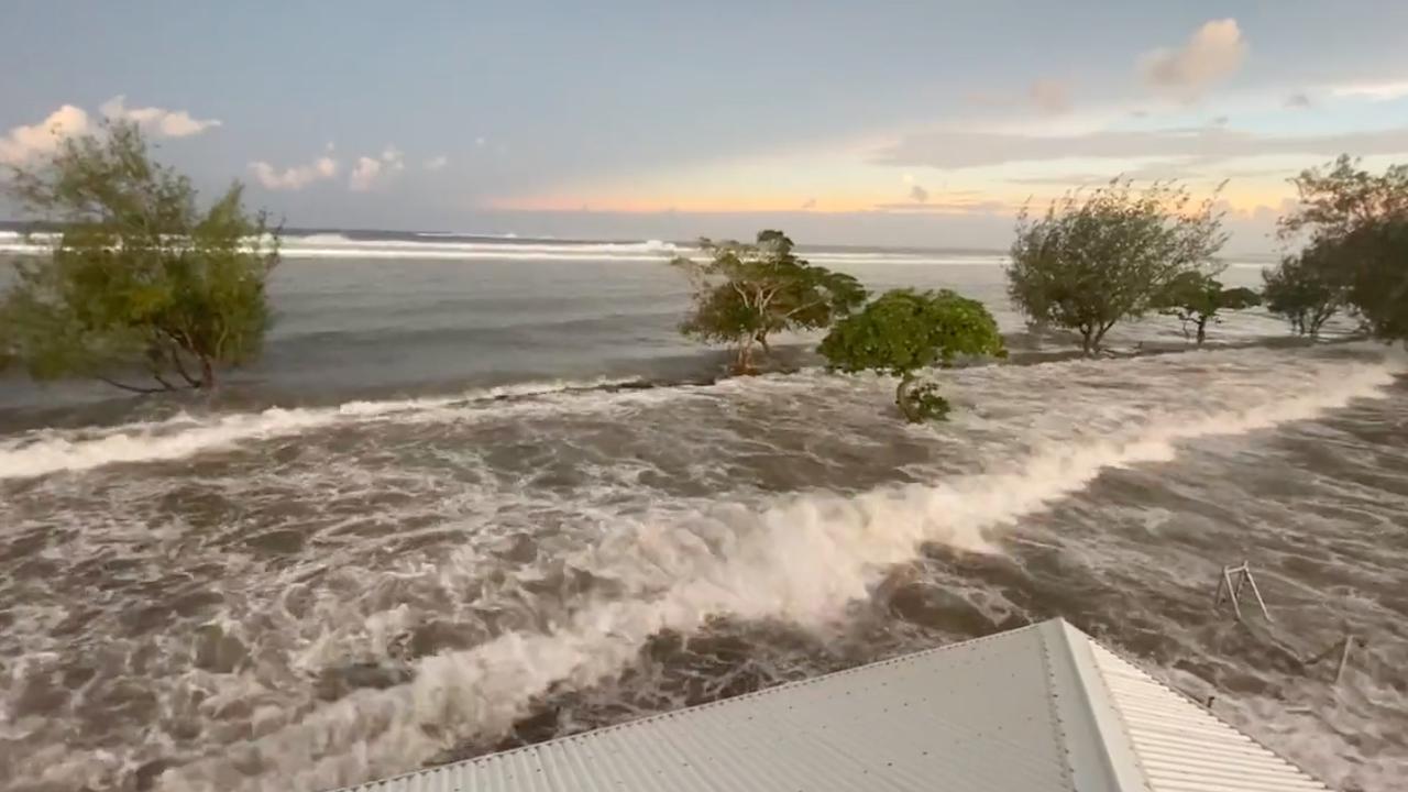 An eruption at Hunga-Tonga-Hunga-Ha'apai has caused a tsunami, with an evacuation warning in place in Tonga. Picture: Twitter/https://twitter.com/sakakimoana/status/1482218193619865600