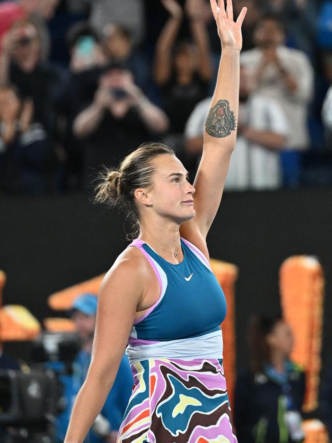 Aryna Sabalenka celebrates after her victory.