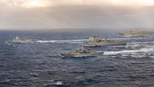 From left: HMAS ships Hobart, Stuart, Choules and Canberra sail in formation during Force Integration Training off the east coast of Australia.