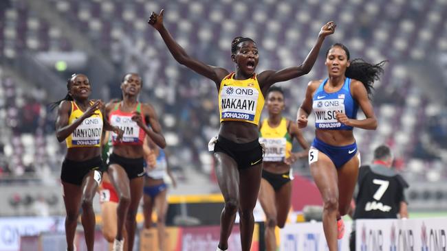 Uganda's Halimah Nakaayi celebrates as she crosses the finish line and wins in the Women's 800m final. Picture: AFP