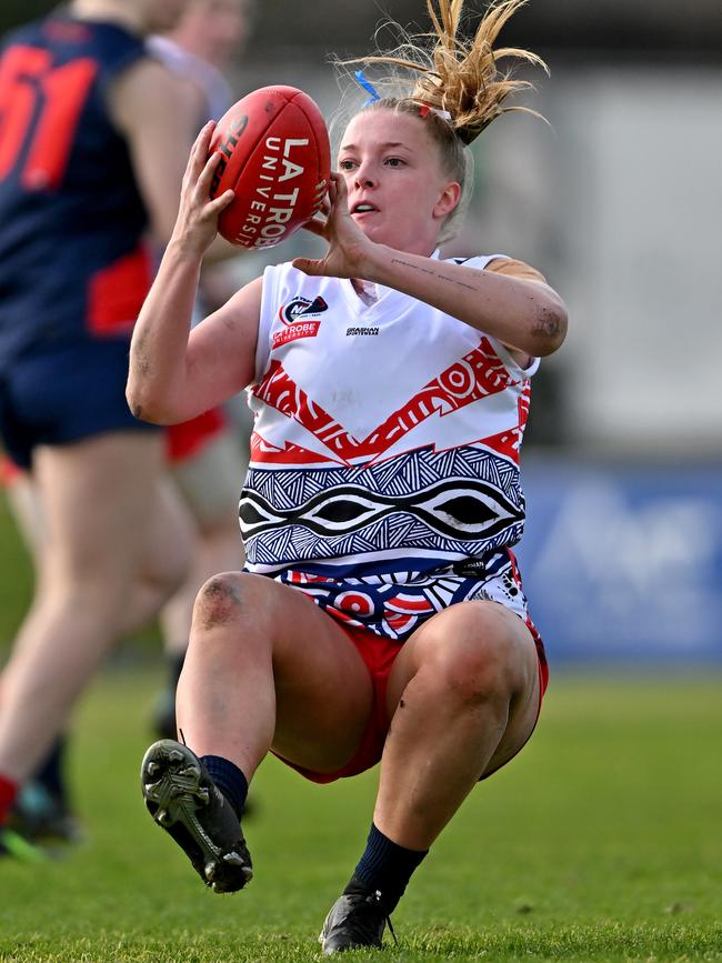 NFL: Darebin’s Mia Haas marks. Picture: Andy Brownbill