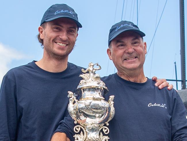 Will and Sam Haynes at the presentation of the Tattersalls cup on board Celestial. Picture: Linda Higginson